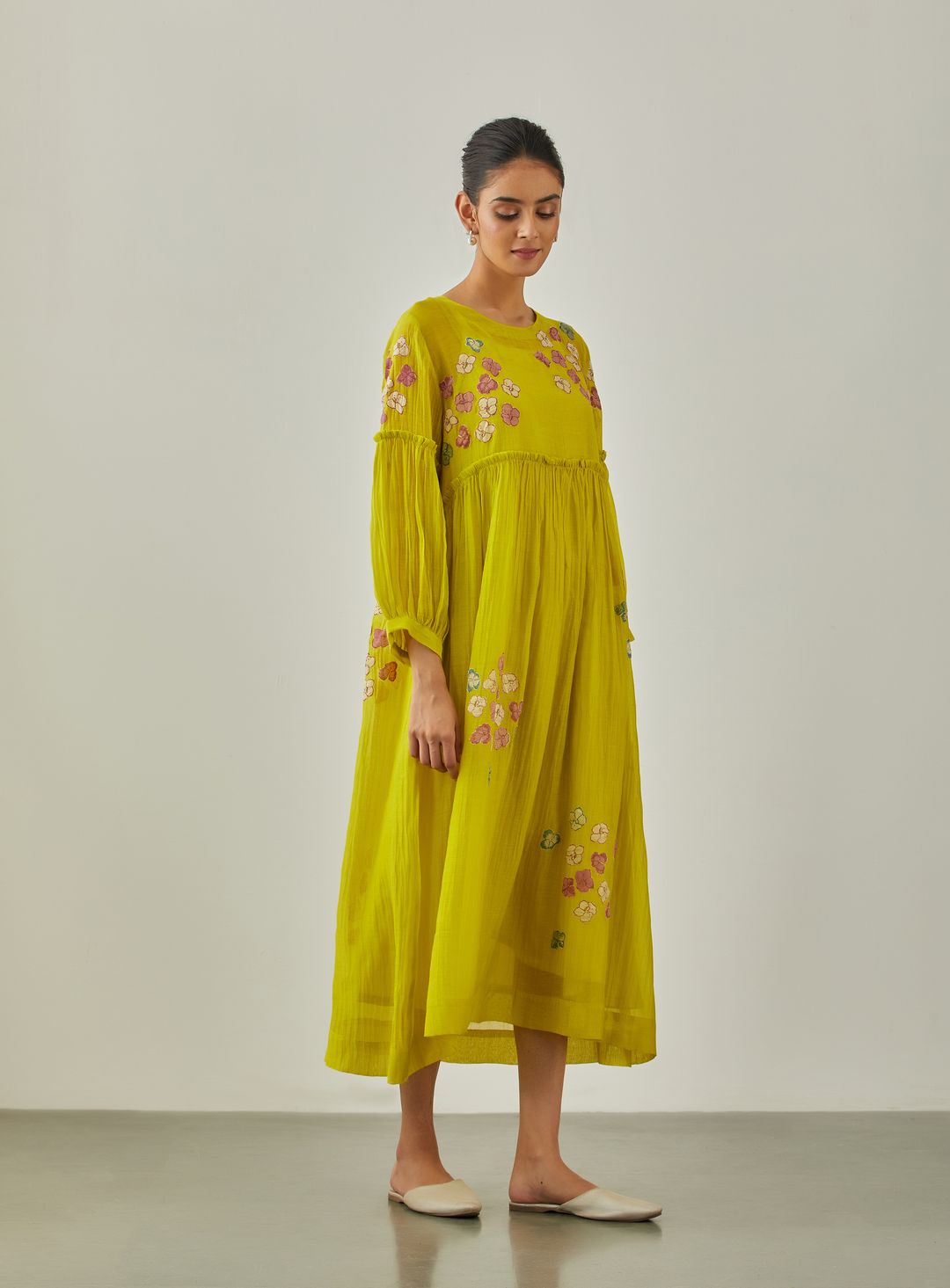 Lime Zarah Flower Bunch Dress - VineetRahul