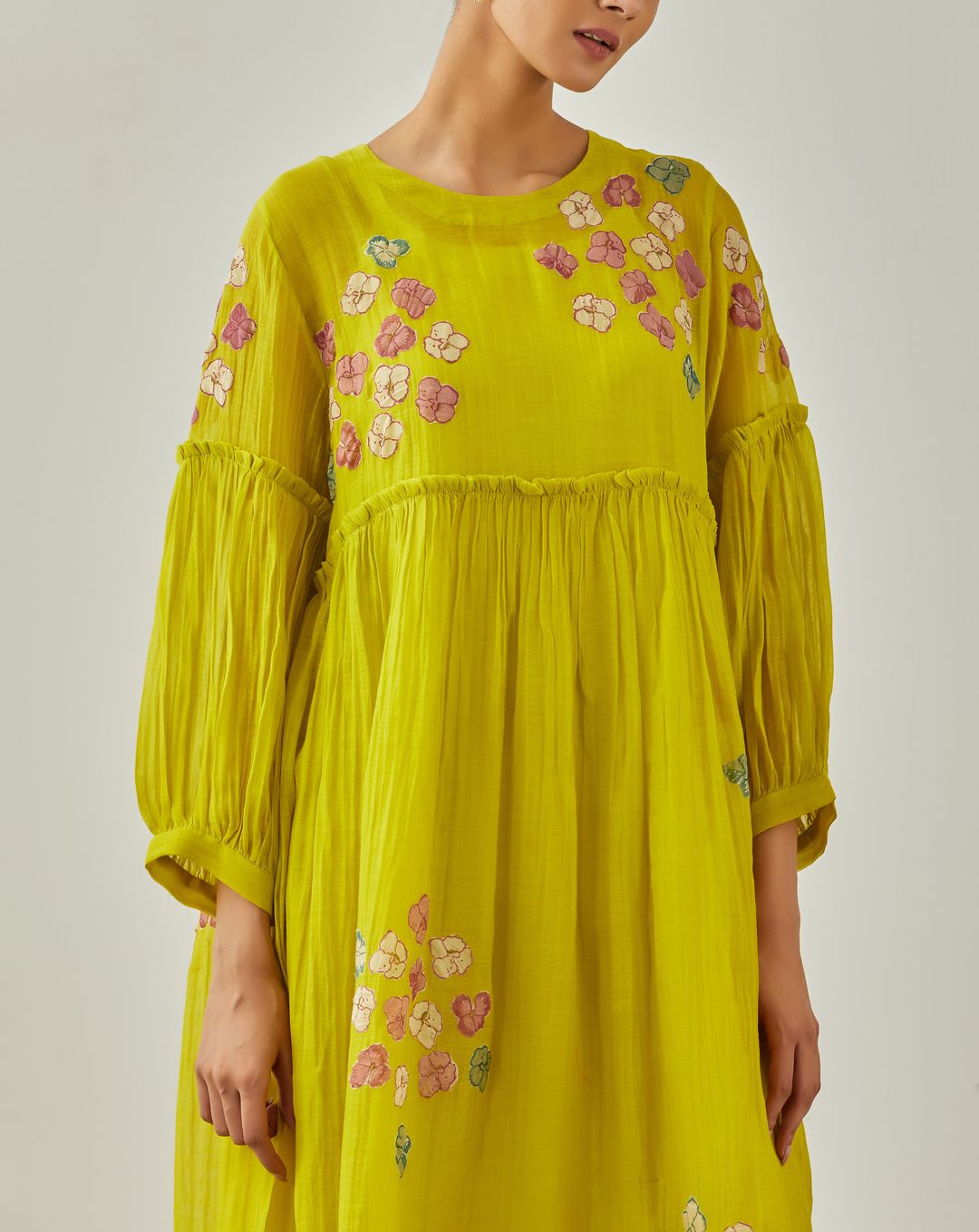 Lime Zarah Flower Bunch Dress - VineetRahul